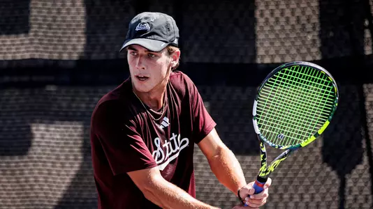 STARKVILLE, MS - October 01, 2025 - Mississippi State's Marshall Landry during practice at the AJ Pitts Tennis Centre in Starkville, MS. Photo By Mike Mattina