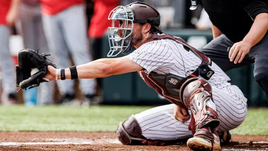 STARKVILLE, MS - April 04, 2026 - Mississippi State Catcher Kevin Milewski (#21) during the game between the Georgia Bulldogs and the Mississippi State Bulldogs at Dudy Noble Field at Polk-Dement Stadium in Starkville, MS. Photo By Mike Mattina