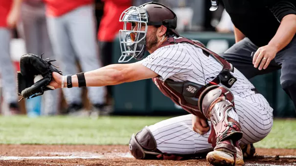 STARKVILLE, MS - April 04, 2026 - Mississippi State Catcher Kevin Milewski (#21) during the game between the Georgia Bulldogs and the Mississippi State Bulldogs at Dudy Noble Field at Polk-Dement Stadium in Starkville, MS. Photo By Mike Mattina