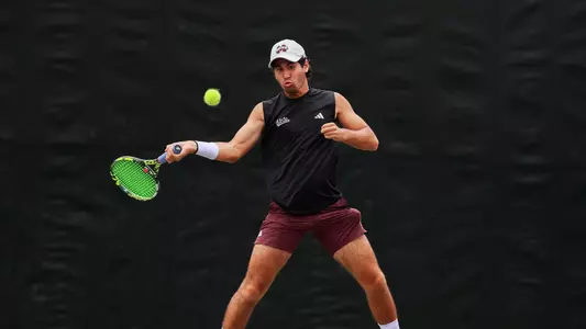 COLLEGE STATION, TX - April 18, 2026 - Mississippi State's Roberto Ferrer Guimaraes during the 2026 SEC Tournament match between the LSU Tigers and the Mississippi State Bulldogs at the Mitchell Tennis Centre in College Station, TX. Photo By Mario Terrana