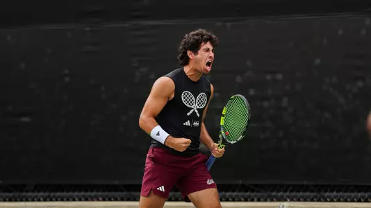 COLLEGE STATION, TX - April 18, 2026 - Mississippi State's Roberto Ferrer Guimaraes during the 2026 SEC Tournament match between the LSU Tigers and the Mississippi State Bulldogs at the Mitchell Tennis Centre in College Station, TX. Photo By Mario Terrana