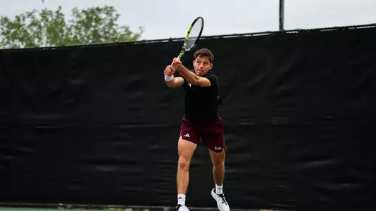 COLLEGE STATION, TX - April 18, 2026 - Mississippi State’s Mario Martinez Serrano during the 2026 SEC Tournament match between the LSU Tigers and the Mississippi State Bulldogs at the Mitchell Tennis Centre in College Station, TX. Photo By Mario Terrana