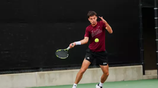 COLLEGE STATION, TX - April 18, 2026 - Mississippi State’s Mario Martinez Serrano during the 2026 SEC Tournament match between the LSU Tigers and the Mississippi State Bulldogs at the Mitchell Tennis Centre in College Station, TX. Photo By Mario Terrana