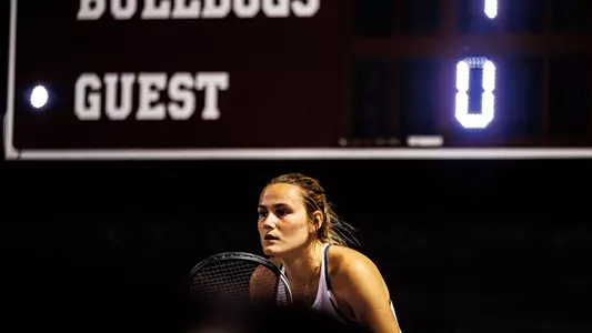 STARKVILLE, MS - February 8, 2026 - Mississippi State's Noemie Oliveras during the match between the Bellarmine Knights and the Mississippi State Bulldogs at the AJ Pitts Tennis Centre in Starkville, MS. Photo By Jordan Madrid