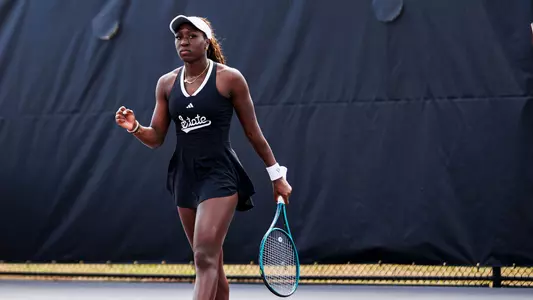 STARKVILLE, MS - March 15, 2026 - Mississippi State's Gianna Oboniye during the match between the Missouri Tigers and the Mississippi State Bulldogs at the AJ Pitts Tennis Centre in Starkville, MS. Photo By Ivy Rose Ball