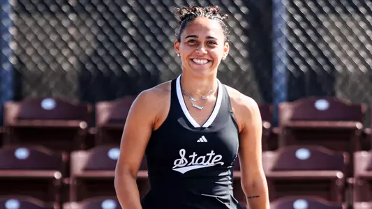 STARKVILLE, MS - March 15, 2026 - Mississippi State's Athina Pitta during the match between the Missouri Tigers and the Mississippi State Bulldogs at the AJ Pitts Tennis Centre in Starkville, MS. Photo By Ivy Rose Ball