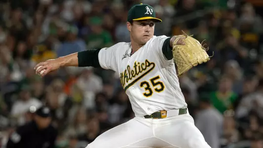 Apr 3, 2026; West Sacramento, California, USA; Athletics pitcher J.T. Ginn (35) delivers a pitch against the Houston Astros during the ninth inning at Sutter Health Park. Mandatory Credit: D. Ross Cameron-Imagn Images