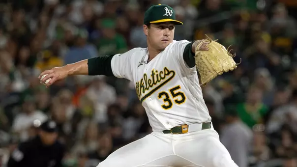 Apr 3, 2026; West Sacramento, California, USA; Athletics pitcher J.T. Ginn (35) delivers a pitch against the Houston Astros during the ninth inning at Sutter Health Park. Mandatory Credit: D. Ross Cameron-Imagn Images