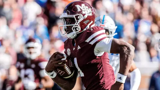 STARKVILLE, MS - November 28, 2025 - Mississippi State Quarterback Kamario Taylor (#1) during the game between the Ole Miss Rebels and the Mississippi State Bulldogs at Davis Wade Stadium at Scott Field in Starkville, MS. Photo By Will Porada