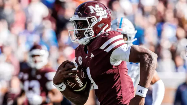 STARKVILLE, MS - November 28, 2025 - Mississippi State Quarterback Kamario Taylor (#1) during the game between the Ole Miss Rebels and the Mississippi State Bulldogs at Davis Wade Stadium at Scott Field in Starkville, MS. Photo By Will Porada