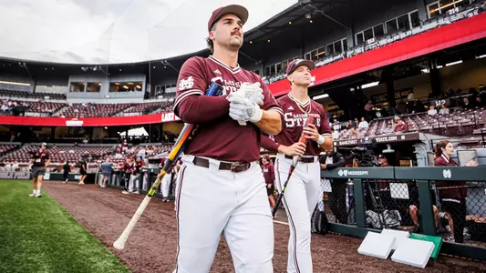 STARKVILLE, MS - May 08, 2026 - Mississippi State Designated Hitter/Pitcher Noah Sullivan (#18) and Mississippi State Infielder Ace Reese (#3) during the game between the Auburn Tigers and the Mississippi State Bulldogs at Dudy Noble Field at Polk-Dement Stadium in Starkville, MS. Photo By Mike Mattina