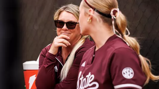 STARKVILLE, MS - April 24, 2026 - Mississippi State Assistant Softball Coach Taryne Mowatt-McKinney during the game between the LSU Tigers and the Mississippi State Bulldogs at Nusz Park in Starkville, MS. Photo By Mike Mattina