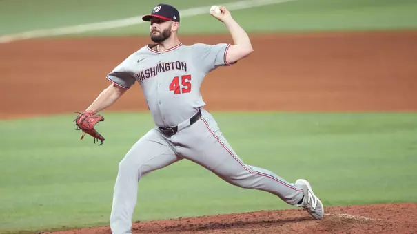 Sep 11, 2025; Miami, Florida, USA; Washington Nationals relief pitcher Konnor Pilkington (45) throws in the eighth inning against the Miami Marlins at loanDepot Park. Mandatory Credit: Jim Rassol-Imagn Images