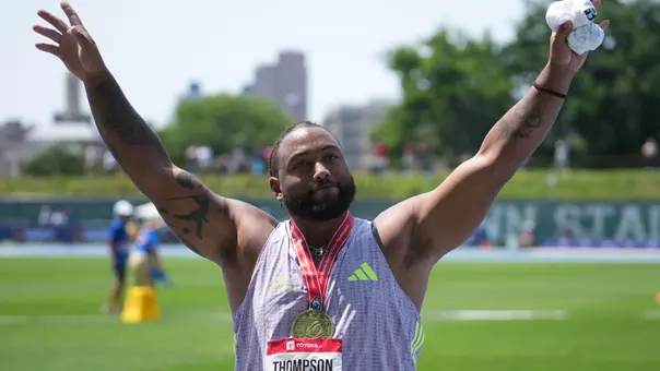 Jul 25, 2026; New York, NY, USA; Curtis Thompson gestures after winning the javelin with a throw of 287-4 (87.59m) during the USATF Championships at Icahn Stadium. Mandatory Credit: Kirby Lee-Imagn Images