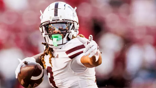 FAYETTEVILLE, AR - November 01, 2025 - Mississippi State Wide Receiver Anthony Evans III (#3) during the game between the Arkansas Razorbacks and the Mississippi State Bulldogs at Donald W. Reynolds Razorback Stadium in Fayetteville, AR. Photo By Mike Mattina