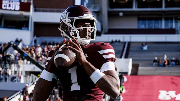 STARKVILLE, MS - November 28, 2025 - Mississippi State Quarterback Kamario Taylor (#1) during the game between the Ole Miss Rebels and the Mississippi State Bulldogs at Davis Wade Stadium at Scott Field in Starkville, MS. Photo By Mike Mattina