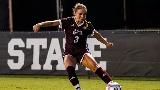 STARKVILLE, MS - August 05, 2026 - Mississippi State Defender Lucy Crook (#3) during the match between the Memphis Tigers and the Mississippi State Bulldogs at the MSU Soccer Field in Starkville, MS. Photo By Mike Mattina