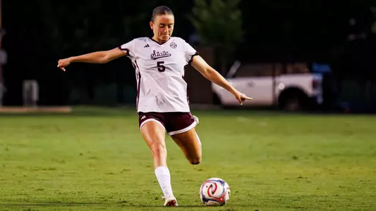 STARKVILLE, MS - August 08, 2026 - Mississippi State Defender/Midfielder Reese Wheeler (#5) during the match between the Southeastern Louisiana Lions and the Mississippi State Bulldogs at the MSU Soccer Field in Starkville, MS. Photo By Mike Mattina