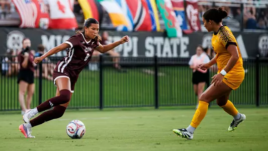 STARKVILLE, MS - August 23, 2026 - Mississippi State Forward Rebeka Vega (#8) during the match between the Southern Miss Golden Eagles and the Mississippi State Bulldogs at the MSU Soccer Field in Starkville, MS. Photo By Marlon Yates