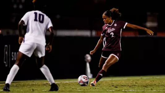 STARKVILLE, MS - August 30, 2026 - Mississippi State Defender Teagan Scarlett (#2) during the match between the Alcorn State Lady Braves and the Mississippi State Bulldogs at the MSU Soccer Field in Starkville, MS. Photo By Mike Mattina