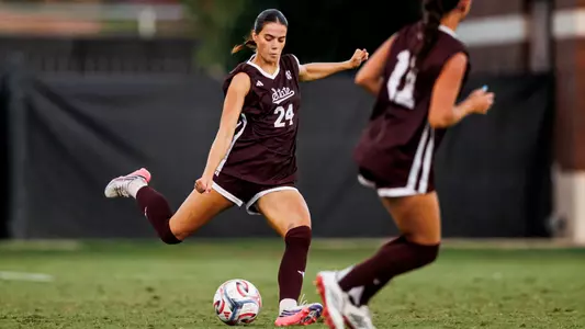 STARKVILLE, MS - August 30, 2026 - Mississippi State Defender Chiara Tappe (#24) during the match between the Alcorn State Lady Braves and the Mississippi State Bulldogs at the MSU Soccer Field in Starkville, MS. Photo By Mike Mattina