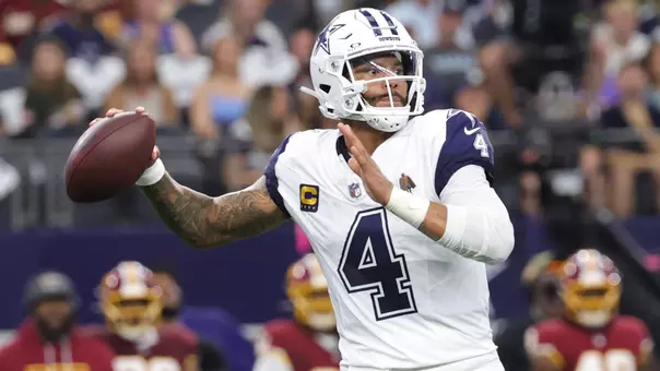 Sep 20, 2026; Arlington, Texas, USA; Dallas Cowboys quarterback Dak Prescott (4) drops back to pass against the Washington Commanders during the first quarter at AT&T Stadium. Mandatory Credit: Kevin Jairaj-Imagn Images