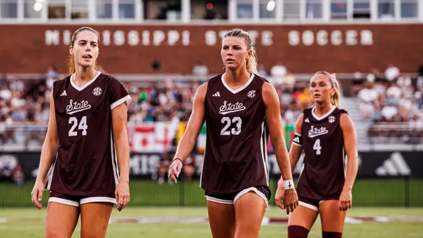 STARKVILLE, MS - August 23, 2026 - Mississippi State Defender Chiara Tappe (#24), Mississippi State Defender/Midfielder Ashley Tutas (#23) and Mississippi State Midfielder Kara Harris (#4) during the match between the Southern Miss Golden Eagles and the Mississippi State Bulldogs at the MSU Soccer Field in Starkville, MS. Photo By Mike Mattina