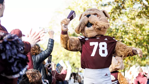 STARKVILLE, MS - November 28, 2025 - Mississippi State Mascot Bully during the game between the Ole Miss Rebels and the Mississippi State Bulldogs at Davis Wade Stadium at Scott Field in Starkville, MS. Photo By Ivy Rose Ball
