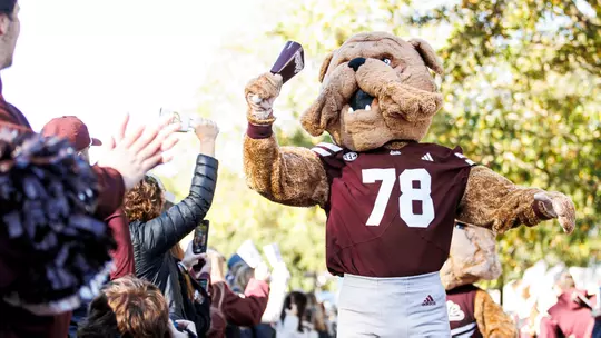 STARKVILLE, MS - November 28, 2025 - Mississippi State Mascot Bully during the game between the Ole Miss Rebels and the Mississippi State Bulldogs at Davis Wade Stadium at Scott Field in Starkville, MS. Photo By Ivy Rose Ball
