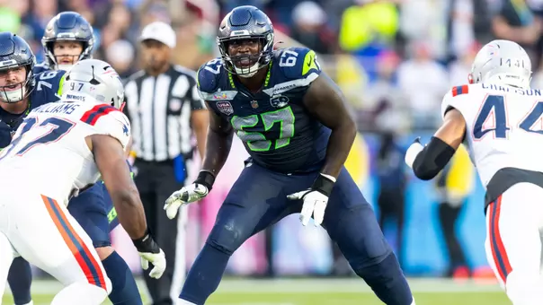 Feb 8, 2026; Santa Clara, CA, USA; Seattle Seahawks offensive tackle Charles Cross (67) against the New England Patriots during Super Bowl LX at Levi's Stadium. Mandatory Credit: Mark J. Rebilas-Imagn Images