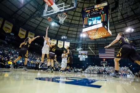 Montana State guard Tori Martell drives to the basket against Wyoming guard Clara Tapia during the first half of an NCAA college basketball game at Worthington Arena, Wednesday, Nov. 29, 2017, in Bozeman, Mont. Montana State women's basketball hosted elementary schools from the surrounding Bozeman area for a sellout crowd of more than 6,000. MSU Photo by Adrian Sanchez-Gonzalez