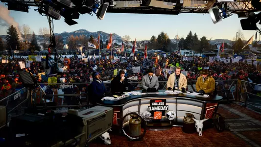 ESPNâ??s College GameDay pregame show films from outside Bobcat Stadium on Saturday, Nov. 19, 2022, ahead of the 121st annual Brawl of the Wild football game in Bozeman, Mont. This is the first time the premier college pre-game show has visited either school in Big Sky Conference history.MSU Photo by Colter Peterson