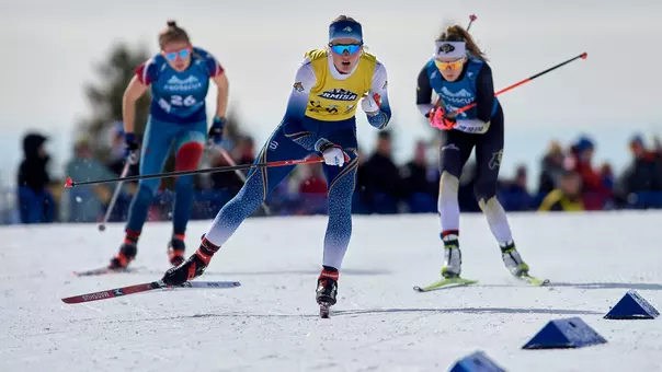 Athletes race in the 7.5km skate at the RMISA Championships Saturday, Feb. 24, 2024 at the Crosscut Mountain Sports Center near Bozeman. MSU photo by Kelly Gorham