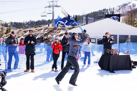 Justine LaMontagne with flag (photo by Paddy Mahar)