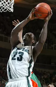 Michigan State's Kelvin Torbert (23) puts up a shot in front of Florida A&M's Michael Harper and draws a foul during the second half Friday, Nov. 19, 2004, in East Lansing, Mich. Torbert led Michigan State with 21 points in a 104-72 win.