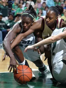 Victoria Lucas-Perry battles for control of the ball in Friday's win over Central Michigan.