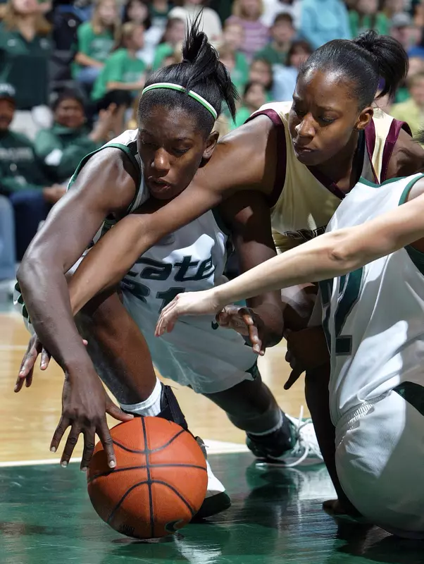 Victoria Lucas-Perry battles for control of the ball in Friday's win over Central Michigan.
