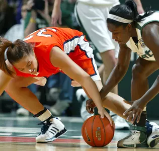 Michigan State's Victoria Lucas-Perry scrambles for the ball during the first half. (AP Photo/Al Goldis)