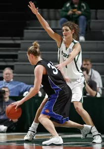 Freshman center Allyssa DeHaan led the Spartans with 17 points and four blocks in MSU's 64-55 win over Grand Valley State.