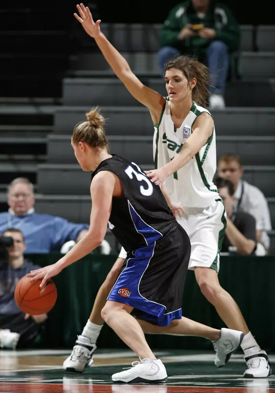 Freshman center Allyssa DeHaan led the Spartans with 17 points and four blocks in MSU's 64-55 win over Grand Valley State.