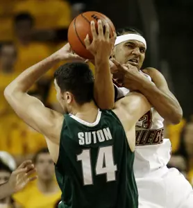 Boston College's Jared Dudley battles Goran Suton for a rebound.