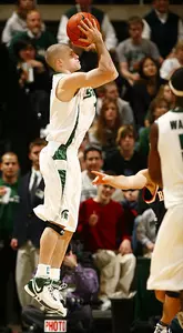 Michigan State guard Drew Nietzel shoots a three pointer during the first half. Nietzel finished with a team high 20 points, leading MSU to a 67-58 victory over Belmont.