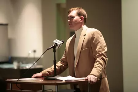 Coach Grewe speaks at the MSU Baseball First Pitch Dinner last year.