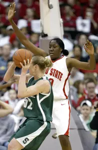 Ohio State's Jessica Davenport, right, plays defense against Michigan State's Liz Shimek during the second half. (AP Photo/Jay LaPrete)