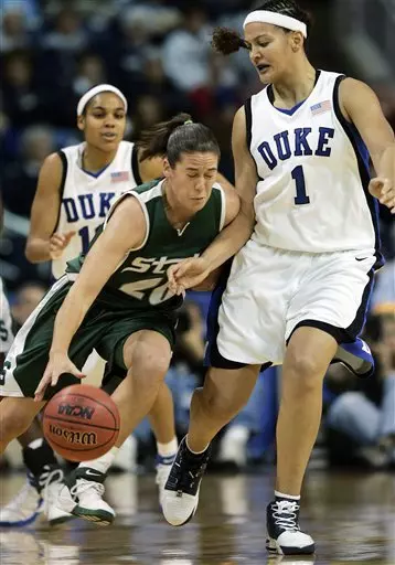 Michigan State's Lindsay Bowen (20) runs into the defense of Duke's Mistie Williams (1) during the first half of their NCAA Regional game Sunday, March 26, 2006, in Bridgeport, Conn. (AP Photo/Elise Amendola)