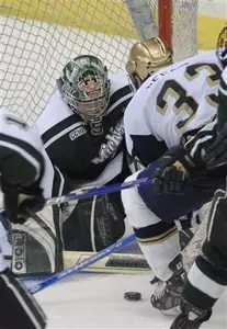 Jeff Lerg made 16 saves in the loss at North Dakota