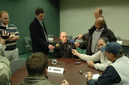Quarterback Brian Hoyer entertains questions during a Dec. 10 media roundtable session.
