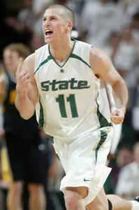 Drew Neitzel reacts after hitting a 3-pointer during the first half.