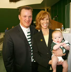 Suzy Merchant, the winningest coach in Eastern Michigan history, owns a 201-120 (.626) career record in 12 years as a head coach. Merchant, with her husband Gary Rakan and son Tyler Rakan, was introduced as MSU's head women's basketball coach Monday, April 30.