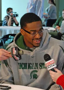 Otis Wiley speaks with reporters at MSU's Capital One Bowl Media Day.